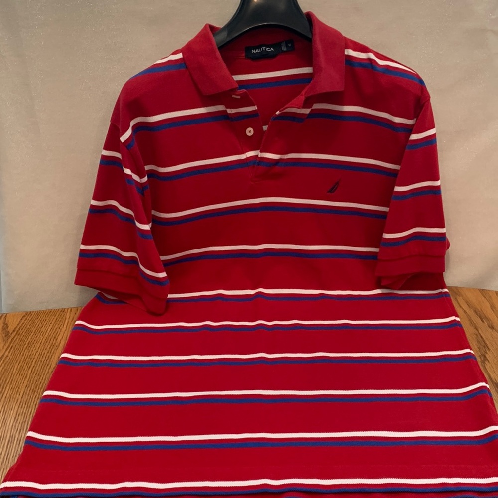 Nautica Red Striped Polo Shirt Size M